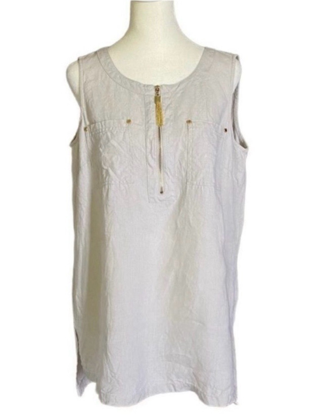 Ellen Tracy 100% Linen Sleeveless Pinstripe Popover Tunic Top Tan Medium